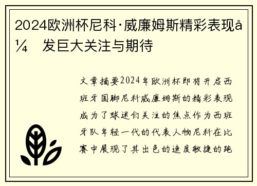 2024欧洲杯尼科·威廉姆斯精彩表现引发巨大关注与期待