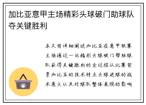 加比亚意甲主场精彩头球破门助球队夺关键胜利 加比亚意甲主场精彩头球破门助球队夺关键胜利